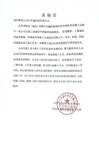 攻堅(jiān)克難顯擔(dān)當(dāng) 優(yōu)質(zhì)履約獲贊譽(yù)  ——欣格瑞承接的玖龍紙業(yè)堿回收鍋爐清洗項(xiàng)目獲客戶(hù)表?yè)P(yáng)